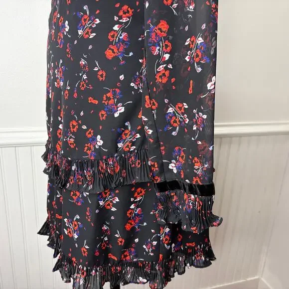 Lulus S Mini Dress Black Long Sleeve Floral Chiffon Ruffle Pleat Sheer Cottage - Picture 12 of 14